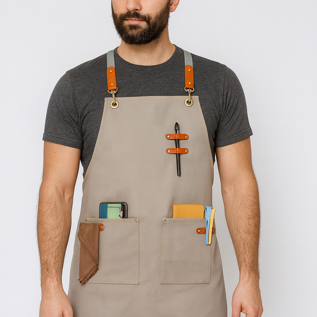 Askılı Çömlek Resim Sanat Önlüğü Bej Master Chef Cafe Restaurant Şef Garson Kuaför Aşçı Önlüğü