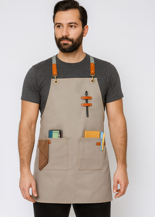 Askılı Çömlek Resim Sanat Önlüğü Bej Master Chef Cafe Restaurant Şef Garson Kuaför Aşçı Önlüğü