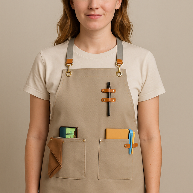 Askılı Çömlek Resim Sanat Önlüğü Bej Master Chef Cafe Restaurant Şef Garson Kuaför Aşçı Önlüğü